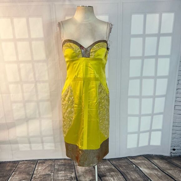 Nicole Miller collection yellow silk satin lace accent strapless cocktail dress - Picture 1 of 10